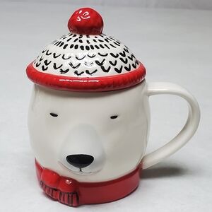Indigo Polar Bear Mug with Hat Lid Winter Holiday Christmas Hot Chocolate